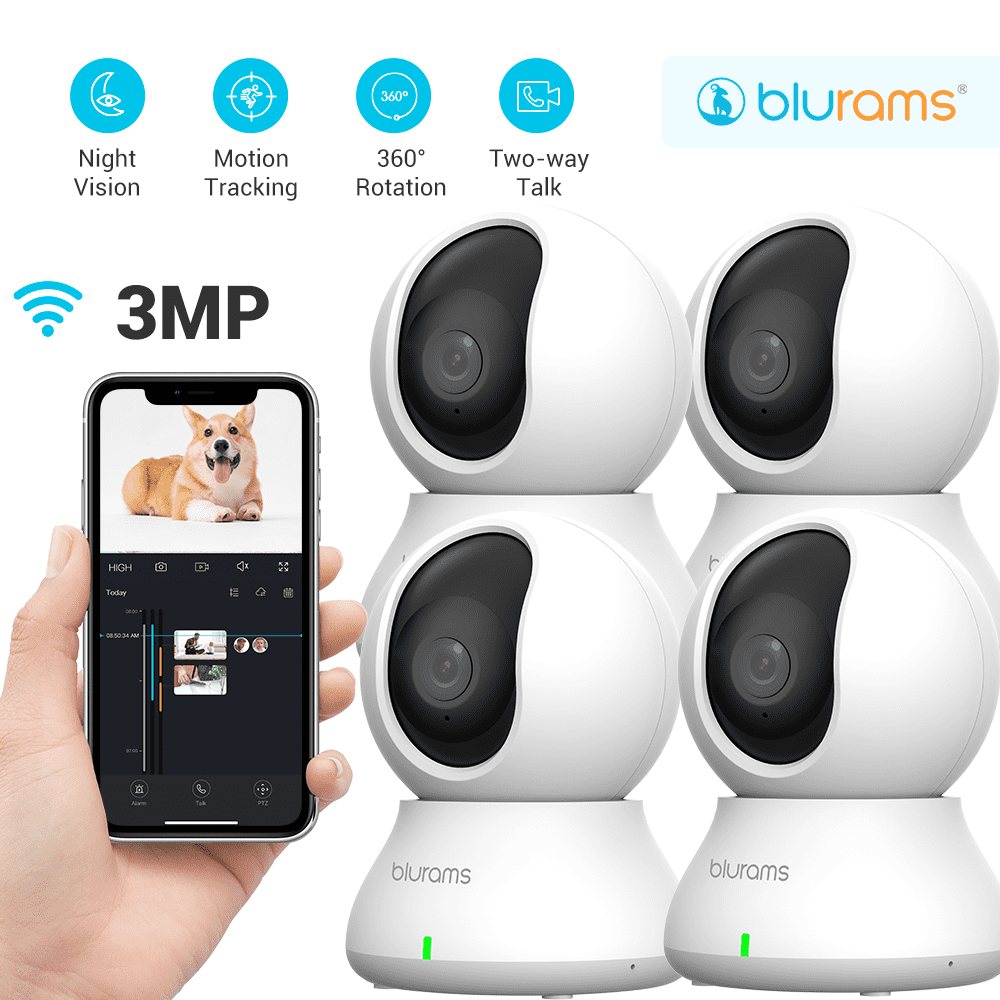 Security Camera, blurams Baby Monitor Dog Camera 360-Degree, Indoor PTZ Camera 2K, Home Security Smart Motion Tracking,2-Way Audio,IR Night Vision, Works with Google Assistant, 4 Pcs