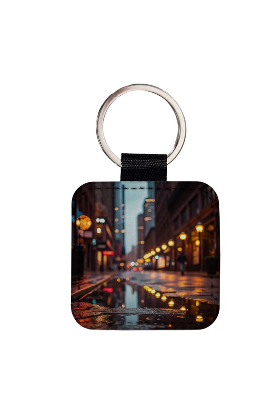 Blurred Lights Buildings City Rainy Street Faux Leather Square Keychain