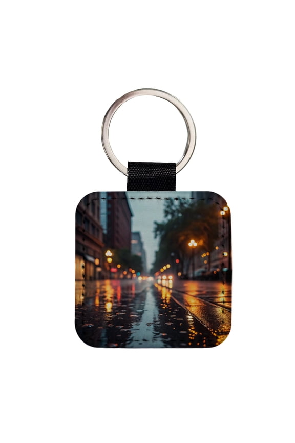 Blurred Lights City Wet Street Faux Leather Square Keychain