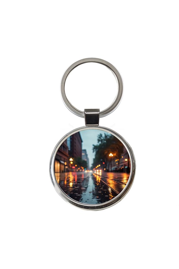 Blurred Lights City Wet Street Metal Round Keychain