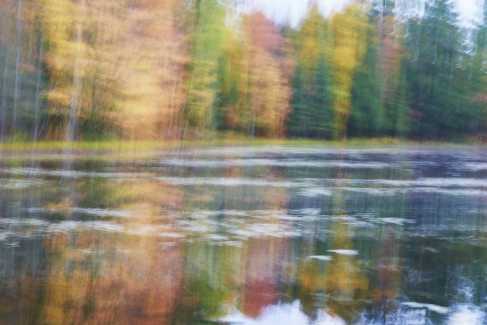 Blurred autumn coloured trees along the shoreline reflected in a tranquil river Ontario Canada Canvas Art - Ian Crysler Design Pics (19 x 12)