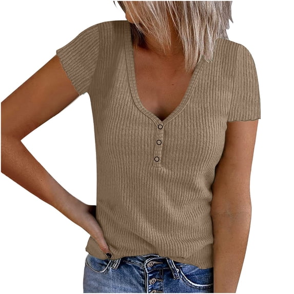 Blusas Casuales de Mujer Bonitas Short Sleeve Ribbed Tops For Women Basic Knit Shirts Button Up V Neck Casual Summer Solid Color Tshirt Blouses Blusas para Mujer Casuales y Elegantes