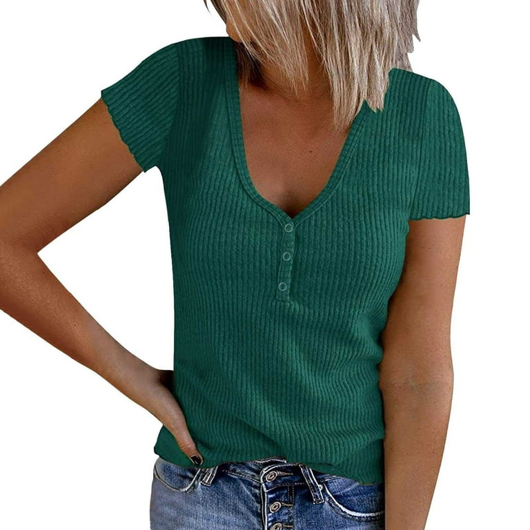 Baikeli Blusas Casuales de Mujer Bonitas Short Sleeve Ribbed Tops For Women  Basic Knit Shirts Button Up V Neck Casual Summer Solid Color Tshirt Blouses  Blusas para Mujer Casuales y Elegantes 