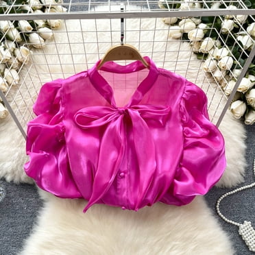 Blusas De Mujer Puff Sleeve Bow Lace-up Solid Color Button Blouse for Women 2024 French Chic Loose Camisas Summer Dropshipping