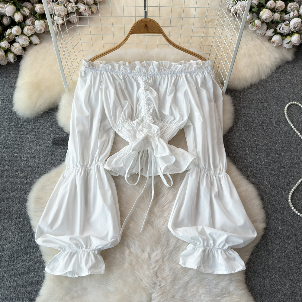 Blusas De Mujer Slash Neck Shirring Puff Sleeve Draw String Solid Blouse Women French Chic Folds Elastic Camisas Summer Dropship