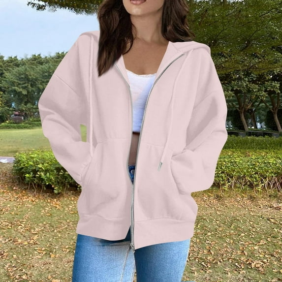 Blusas Elegantes Para Mujer, Womens Lightweight Polyester Hoodie Zip Up 2025 Soft Fleece Lined Winter Tops Women Casual Streetwear Pullover for V-Neck Oversized Hooded Pink L