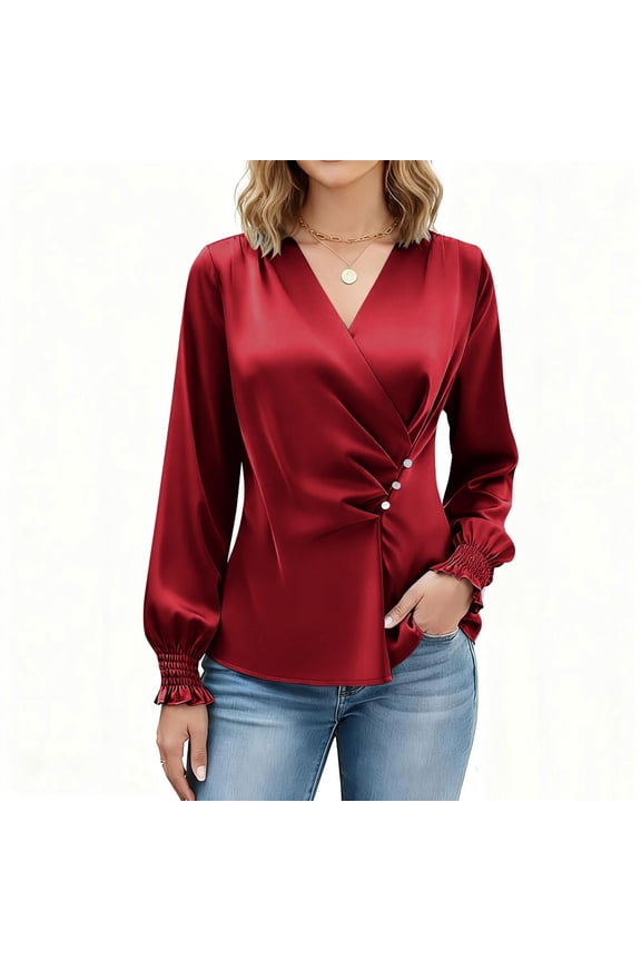 Blusas Elegantes Para Mujer,Womens Satin Pleated V-Neck Blouse Solid Color Elegant Silky Smooth Casual Office Daily Work Everyday Top Red Xxl