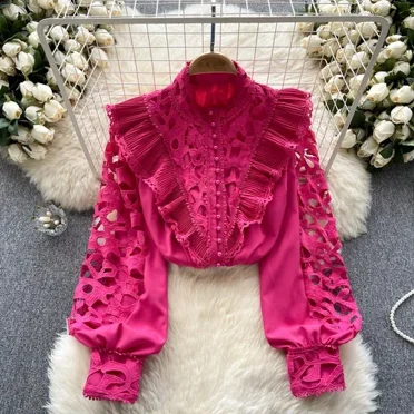 Blusas Femininas Elegantes Hollow Out Puff Sleeve Flounced Edge Blouse Women Designed Solid Color Blusas Mujer Autumn Dropship