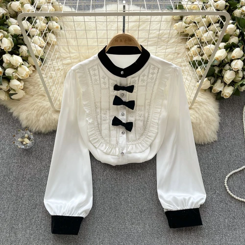 Blusas Femininas Elegantes O-neck Beading Bow Color Match Blouse for Women French Chic Designed Camisas De Mujer Autumn Dropship