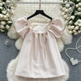 thumbnail image 1 of Blusas Mujer Slash Neck Puff Sleeve Beading Solid Color Satin Blouse for Women A-line Exposed Shoulders Camisas Summer Dropship, 1 of 6