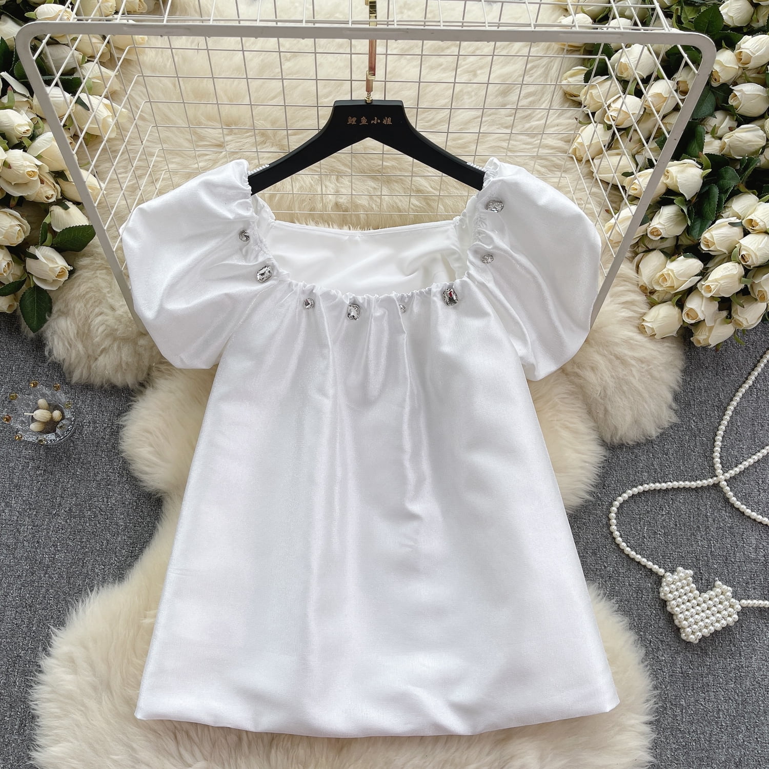 Blusas Mujer Slash Neck Puff Sleeve Beading Solid Color Satin Blouse for Women A-line Exposed Shoulders Camisas Summer Dropship