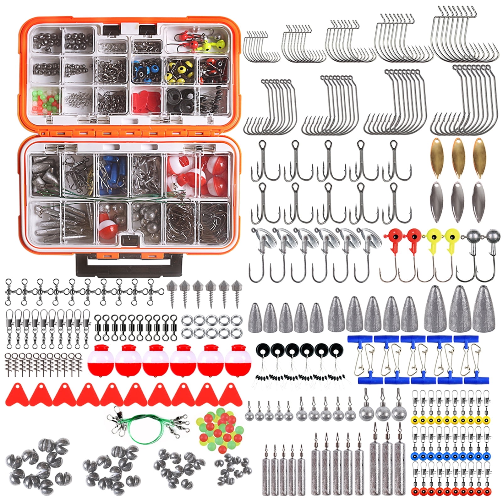 Blusea 343pcs Compact Fishing Tackle Kit - All-in-One Freshwater Hooks, Weights, Bobbers in Tackle Box, Fishing Gear Set for Bass Trout Panfish