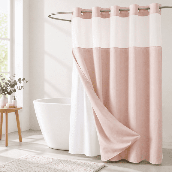 Blush 71"W x 86"L (Pack of 1) Linen Texture Shower Curtain with Snap-in ...