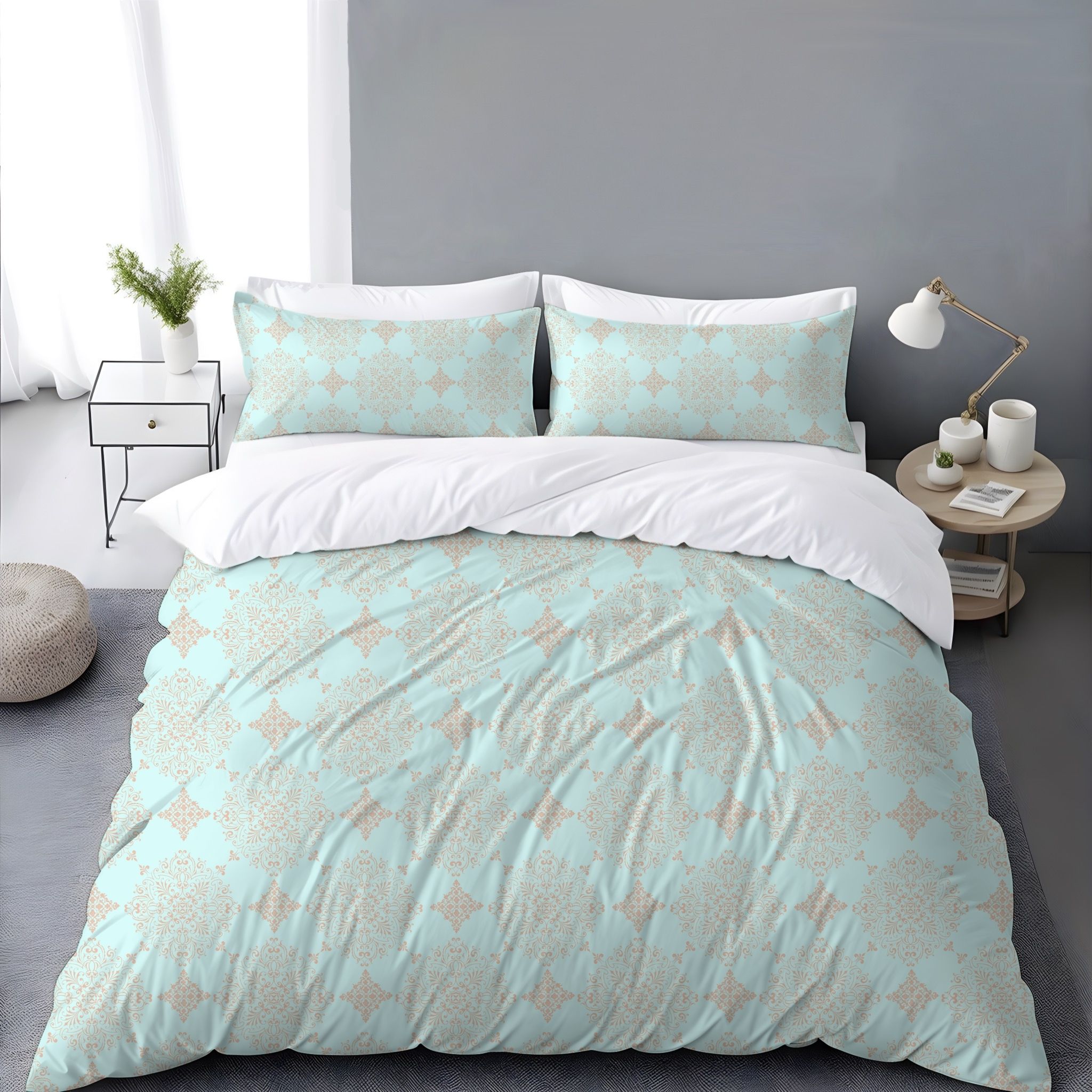 Blush & Blue Damask Print Duvet Cover Timeless Couture Design