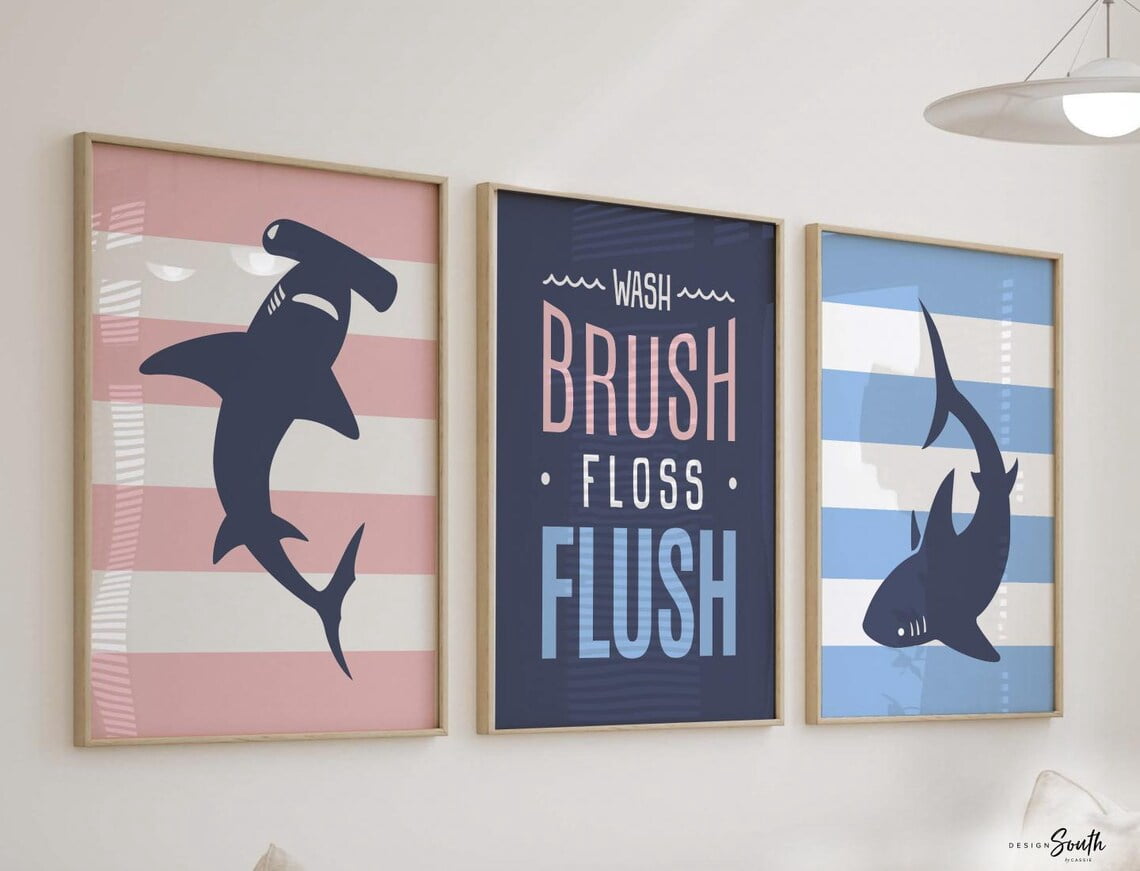 Shark Project Drawings Blush Blue Shark Wall Art Prints, Playful Ocean Bathroom Decor ...