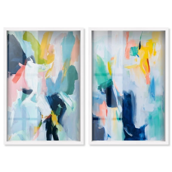 Blush Boho Minimalist Pair Set Shadowbox Blue Wall Art by Art Remedy, White Frame, 10 x 15