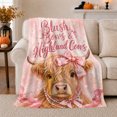 thumbnail image 1 of Blush Bows Highland Cows Sofa Pink Pearl Cow, Cozy Friendship Quote Scene, Warm Flannel Blanket for Ranch House and Living Room, Art Lovers Thanksgiving Gift, Artistic Home Decor, 1 of 7