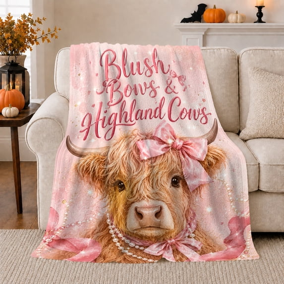 Blush Bows Highland Cows Sofa Pink Pearl Cow, Cozy Friendship Quote Scene, Warm Flannel Blanket for Ranch House and Living Room, Art Lovers Thanksgiving Gift, Artistic Home Decor