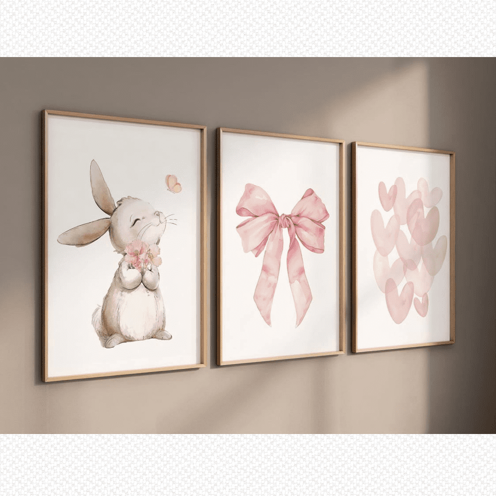 Blush Bunny Baby Girl Nursery Pink Bow Heart Poster Set 3 Prints Set 3 ...