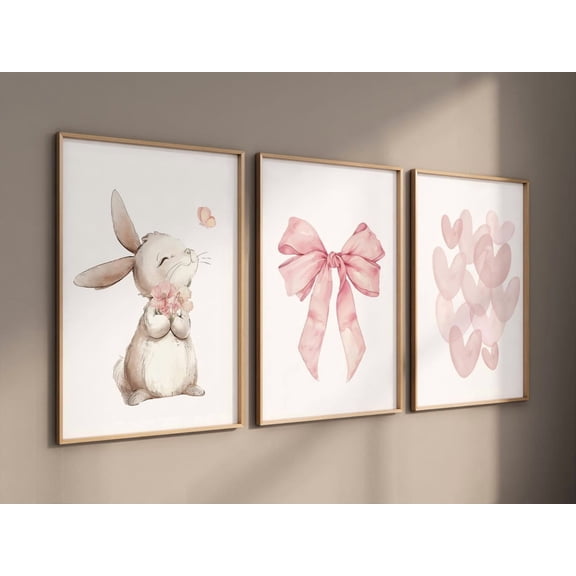 Blush Bunny Nursery Wall Art Pink Bow And Heart Prints Baby Girl Room Decor Prints Set 3