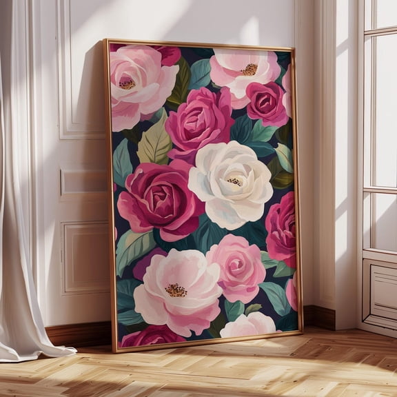 Blush & Burgundy Rose Print – Romantic Hand-Painted Floral Wall Art With Cream Accents, Elegant Vintage Botanical Decor Wall Art, Modern Wall Decor, 8x12 UNFRAMED