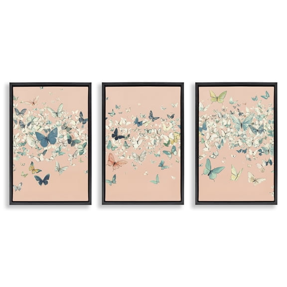 Stupell Industries Blush Butterfly Soiree Triptych 3 Piece Black Framed Floater Canvas Set, design by Petal Prints Design
