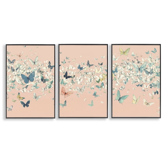 Stupell Industries Blush Butterfly Soiree Triptych 3 Piece Black Framed Giclee Art Set, design by Petal Prints Design