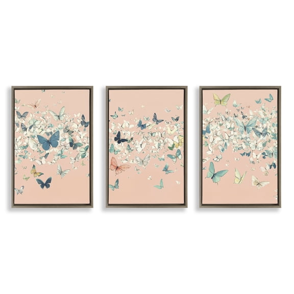 Stupell Industries Blush Butterfly Soiree Triptych 3 Piece Brown Framed Floater Canvas Set, design by Petal Prints Design