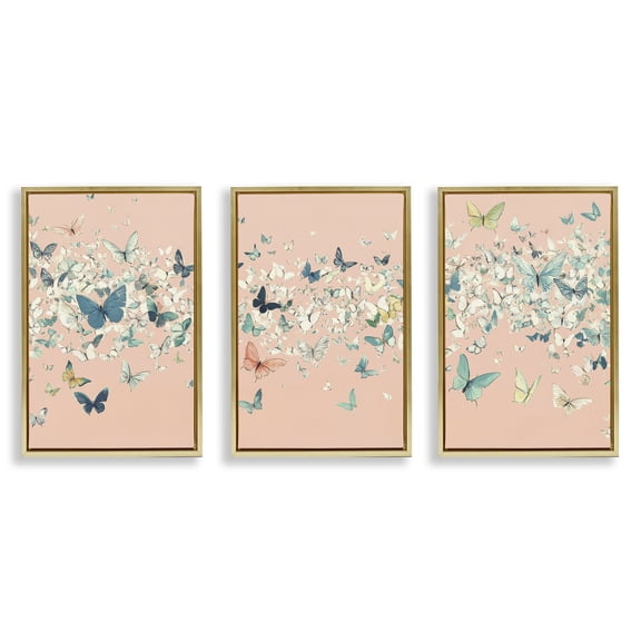 Stupell Industries Blush Butterfly Soiree Triptych 3 Piece Gold Framed Floater Canvas Set, design by Petal Prints Design