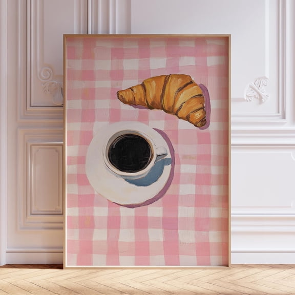 Blush Checkered Coffee And Croissant Kitchen Dining Room Cafe Bar Wall Art Unframed Paper Print