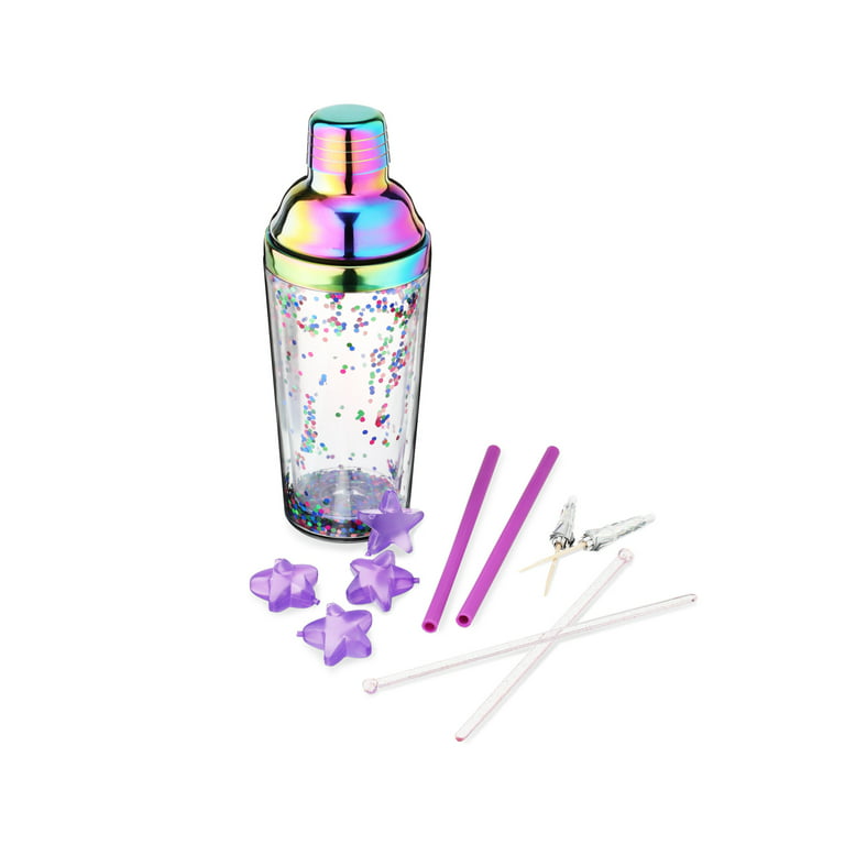 Blush Confetti Cute Barware Kit With Rainbow Iridescent Cobbler Shaker,  Drink Toppers, Cocktail Picks, Ice Cube Drink Chillers, Set Of 11