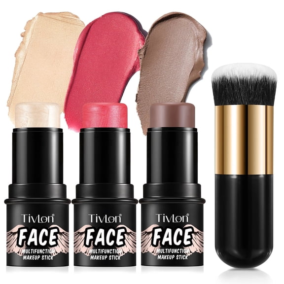 Blush & Contour & Highlighter Stick Black Makeup Brush 4-Piece Set,Multi-use Makeup Stick for Eyes,Lips & Cheeks