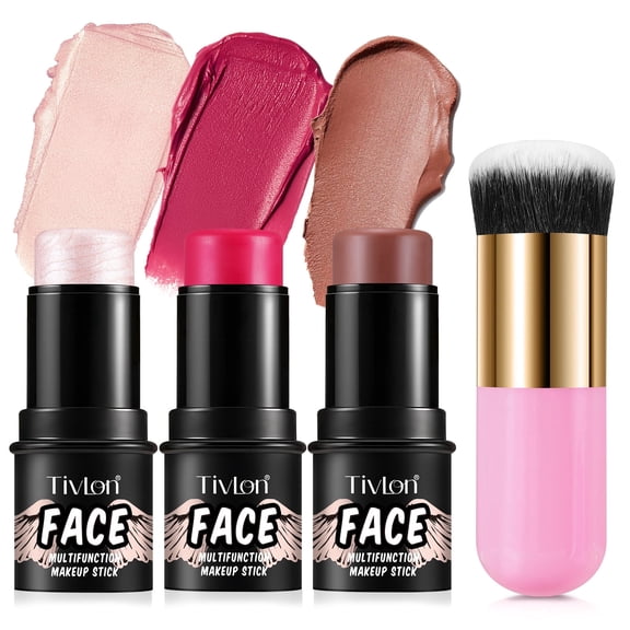 Blush & Contour & Highlighter Stick + Pink Makeup Brush 4-Piece Set,Multi-use Makeup Stick for Eyes,Lips & Cheeks