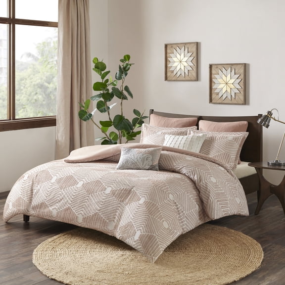 Blush Cotton Jacquard Comforter Set with Geometric Design and Solid Reverse