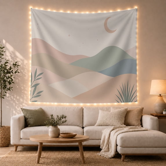 Blush Crescent Moon Over Rolling Hills with Stars, Calming Minimalist for Nature Decor Lovers, Abstract Landscape Art, Housewarming Gift, Tapestry Wall Hanging for Bedroom and Living Room