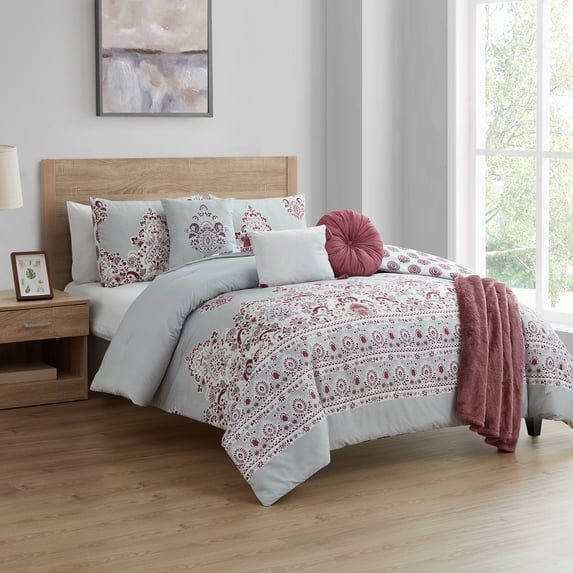 Blush Damask, 7 Pieces Comforter Set, Full Queen, by VCNY Home