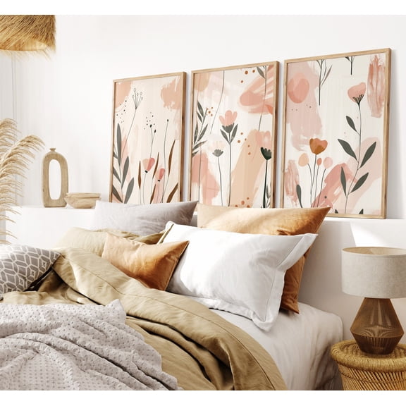 Blush Floral Abstract Wall Art Rose Gold Set 3 Unframed Paper Print 8x12