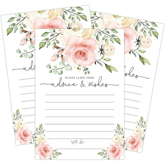 Blush Floral Advice and Wishes Cards for the Bride and Groom, Perfect for Bridal Showers, Baby Showers, Graduations and Weddings, Pack of 50 4x6 Cards