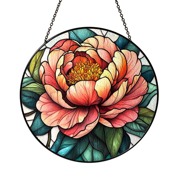 Blush Floral Pattern Round Window Sun Catcher, Bright Stained Glass Style Hanging Decor, Nature Gift Idea