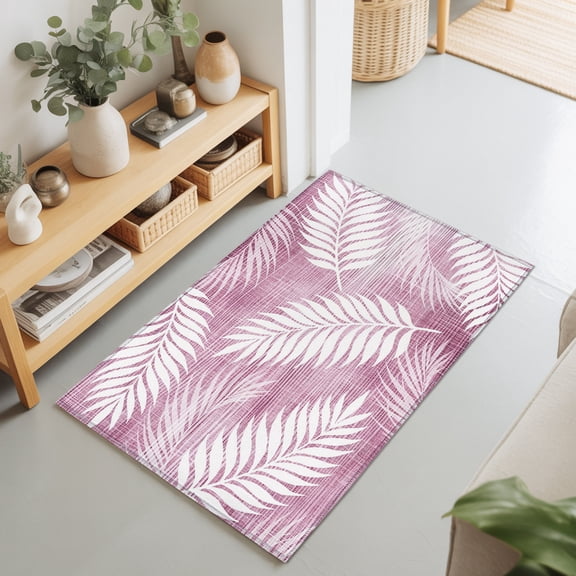 Blush Fronds 2'x3' Rug for Entryway Front Door Kitchen Sink Area, Rustic Rose Pink Leaf Plant Linen Texture Farmhouse Low Pile Washable Non Slip Rectangle Area Rug