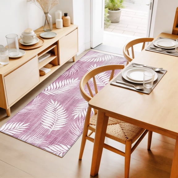 Blush Fronds 2'x6' Runner Rug for Hallway Walkway Kitchen Galley, Rustic Rose Pink Leaf Plant Linen Texture Farmhouse Low Pile Washable Non Slip Long Area Rug