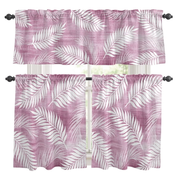 Blush Fronds Kitchen Curtains and Valances Set, Rustic Rose Pink Leaf Plant Linen Texture Farmhouse Rod Pocket Window Valance Window Curtain Panels for Living Room Bedroom, 27.5x24in, 3 Pieces