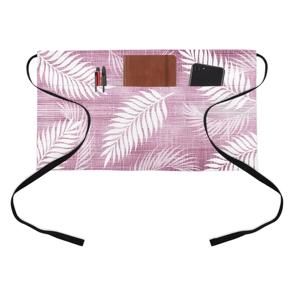 Blush Fronds Kitchen Restaurant Half Waist Apron, Rustic Rose Pink Leaf Plant Linen Texture Farmhouse Server Short Apron with 3 Pockets Waterproof Oil Waist Aprons for Women Waitress Waiter