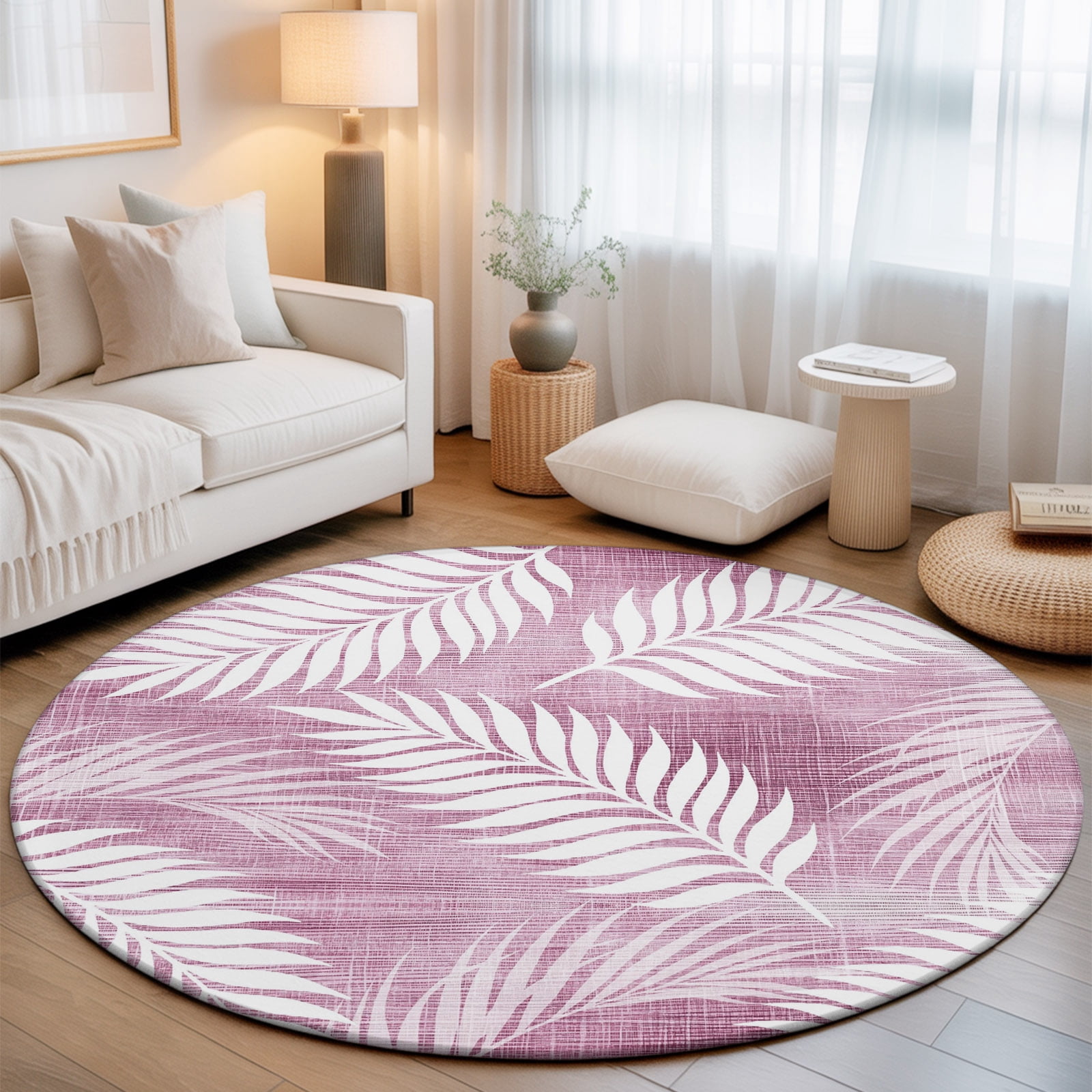 Blush Fronds Round Living Room Rugs 6 ft, Rustic Rose Pink Leaf Plant ...