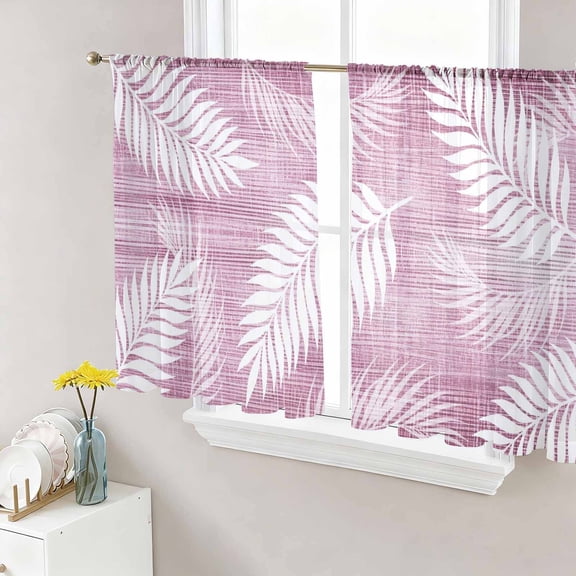 Blush Fronds Sheer Curtains for Living Room Bedroom, Rustic Rose Pink Leaf Plant Linen Texture Farmhouse Light Filtering Sheer Curtain Rod Pocket Voile Window Treaments Drapes, 52 x 45 Inches