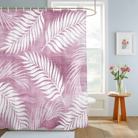 Blush Fronds Shower Curtain, Rustic Rose Pink Leaf Plant Linen Texture Farmhouse Waterproof Washable Shower Curtain for Bathroom Bathtub Partition Bath Decoration Set with Hooks 36x72in