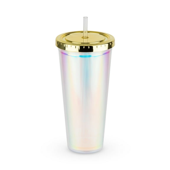 Blush Iridescent Drink Tumbler with Lid and Straw for Iced Coffee, Tea 24oz