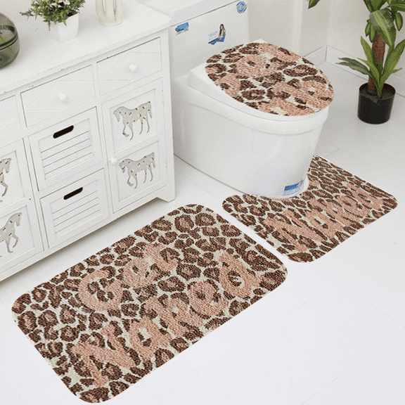 Blush Leopard 3-Piece Bath Rug Set, Non-Slip Polyester Bathroom Mats, Plush Absorbent Washable Rugs with Toilet Lid Cover & U-Shaped Mat for Coquette Glam Bathroom Decor