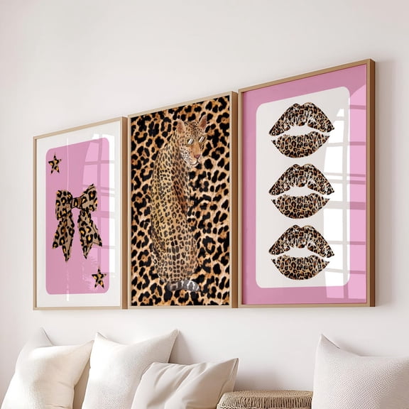 Blush Leopard Cheetah Set Of 3 Wall Art Print With Coquette Dorm Decor