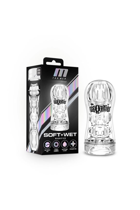 M for Men Soft + Wet Magnifier Self-Lubricating See-Through Stroker Clear